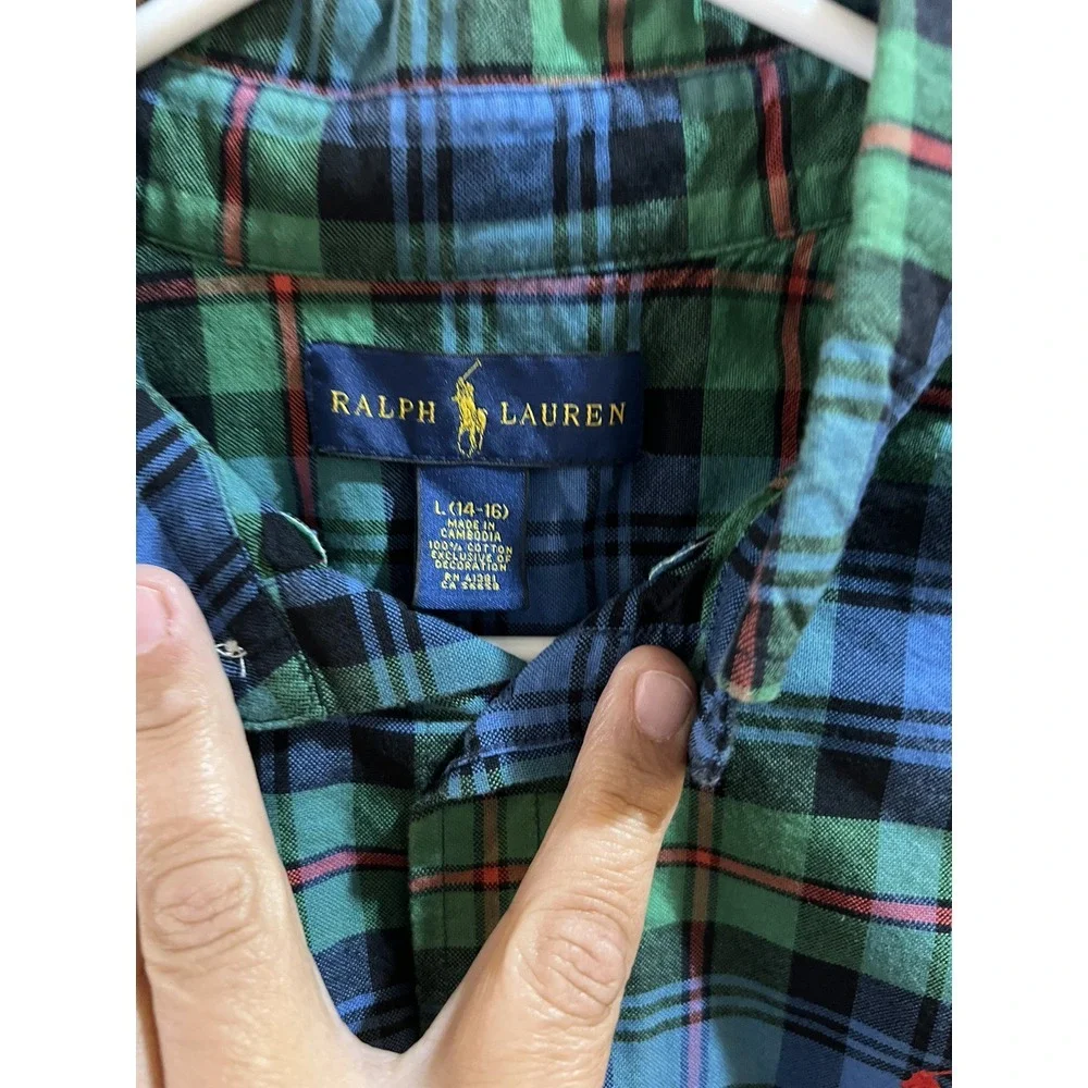 Ralph‎ Lauren Size L 14/16 Shirt Tartan Plaid Green Navy Natural
